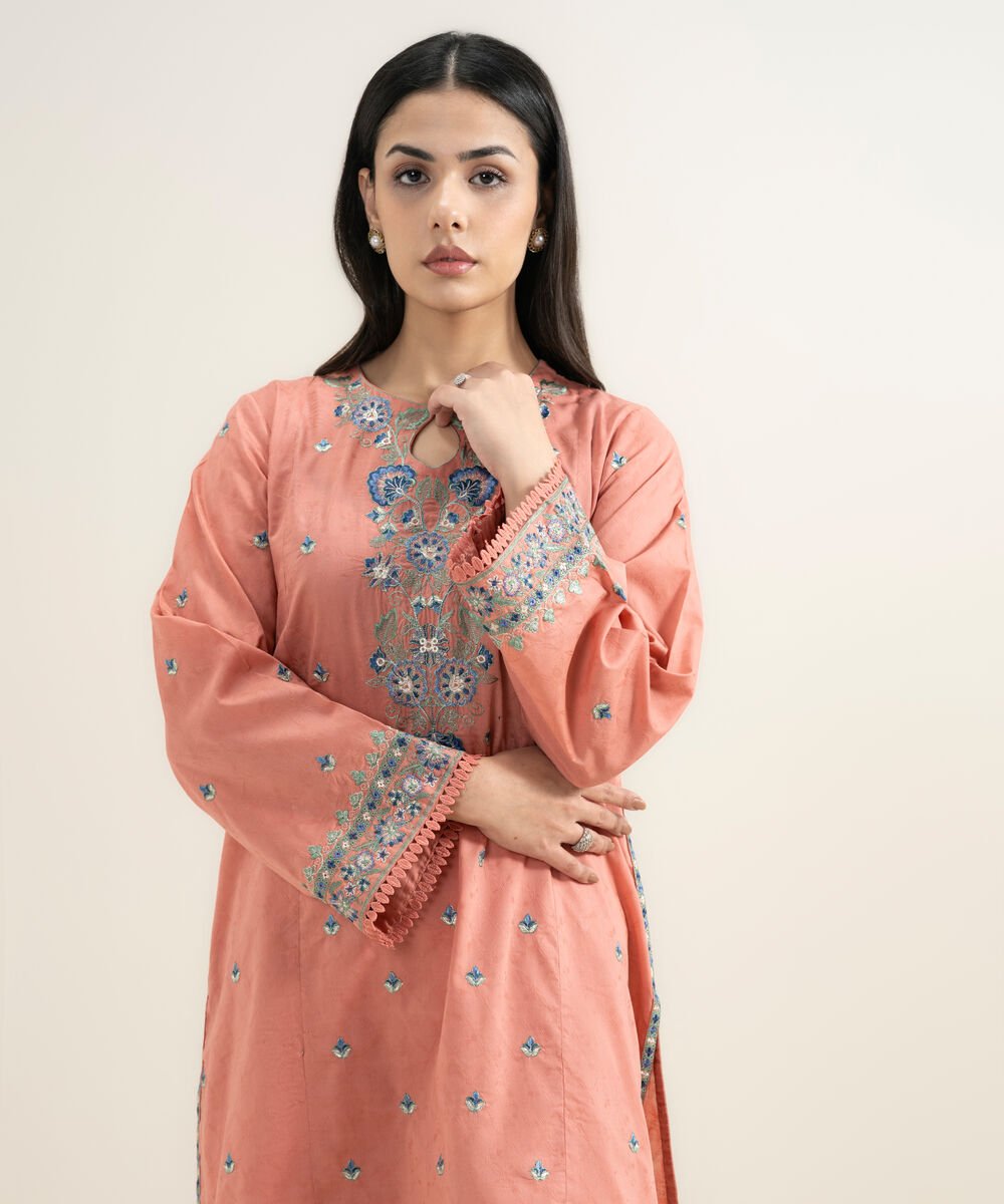 Women's RTW Self Jacquard Embroidered Pink Straight Shirt