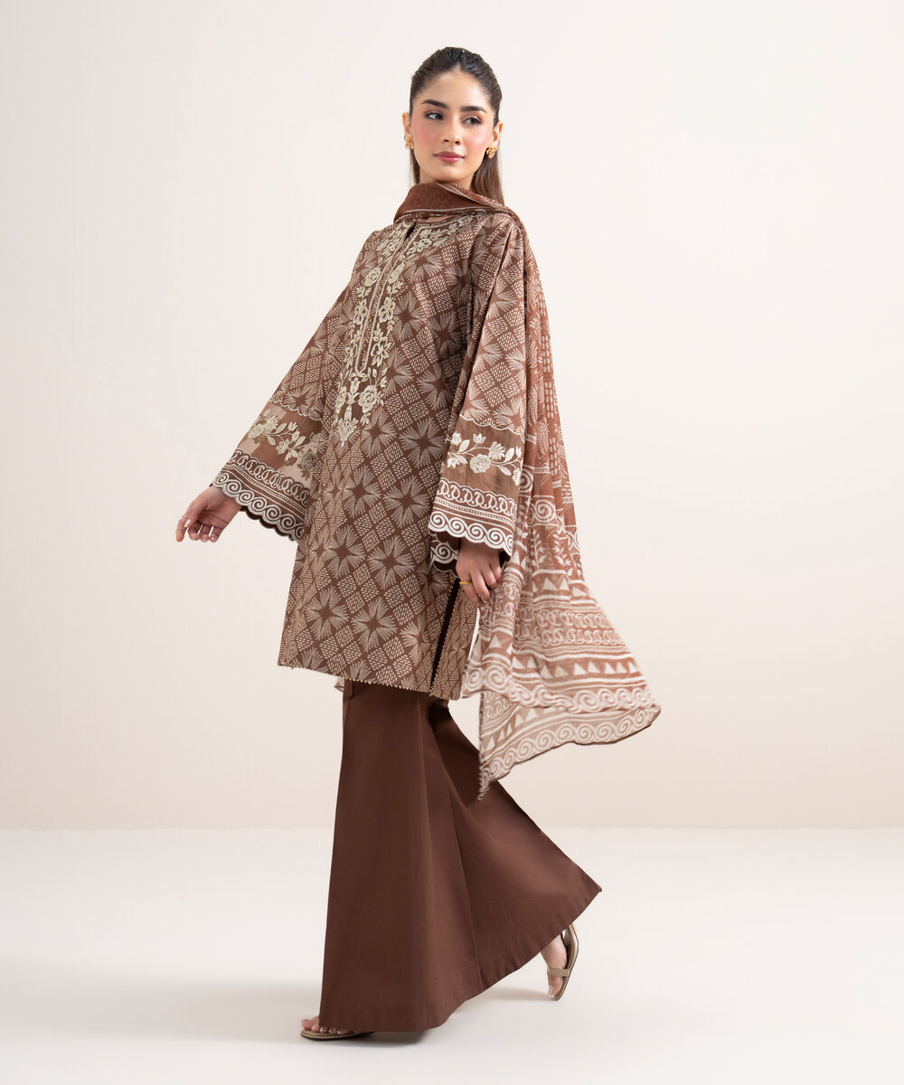 Women's Unstitched Lawn Embroidered Brown 3 Piece Suit