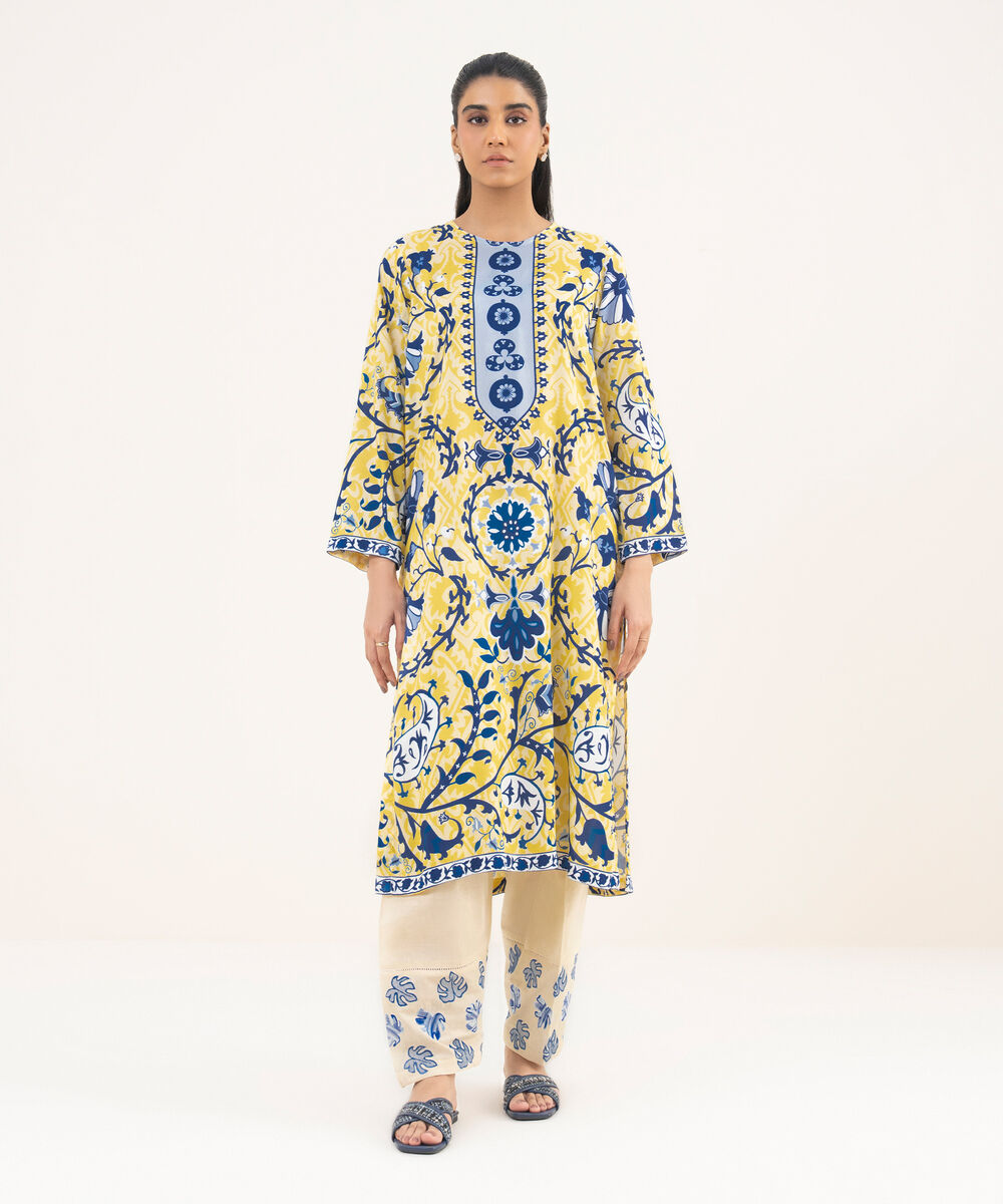 Women's RTW Arabic Lawn Lime Yellow Printed Straight Shirt