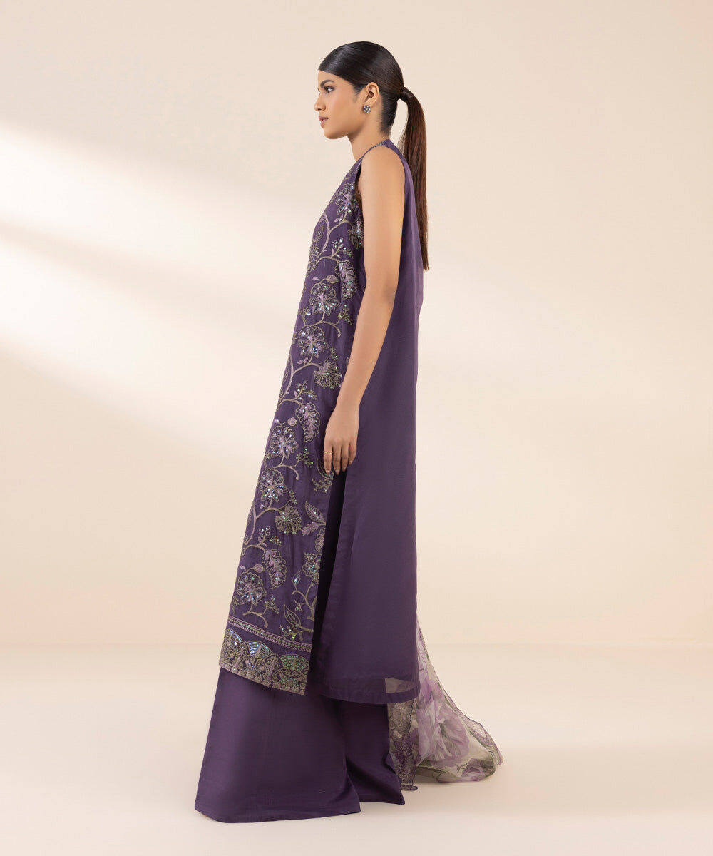 Woman - Purple 3 Piece - Embroidered Organza Suit