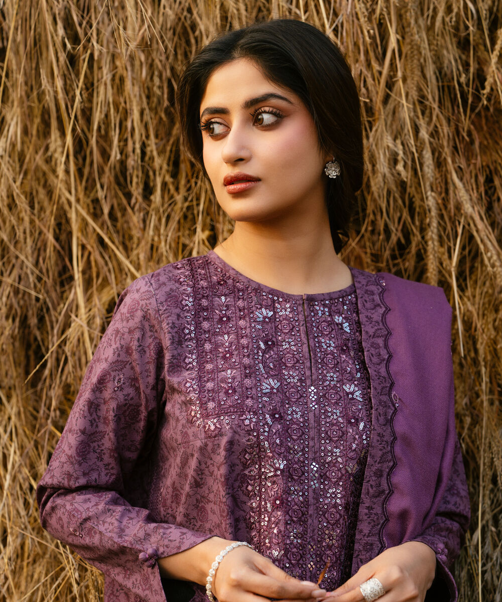 Women's Unstitched Embroidered Khaddar Purple 3 Piece Suit