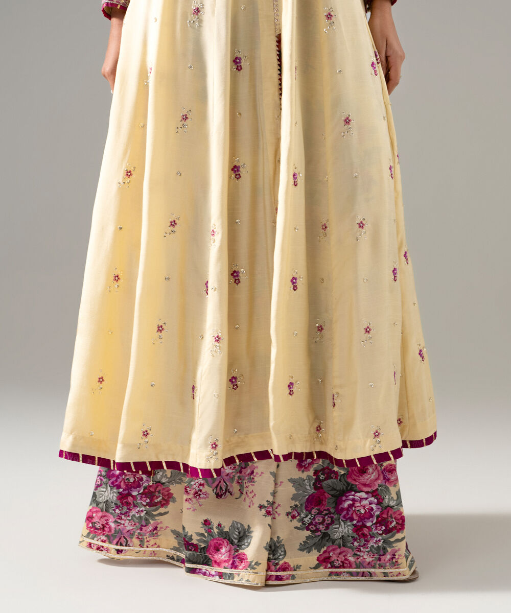 Women's RTW Bright Raw Silk Printed Yellow 3 Piece Suit