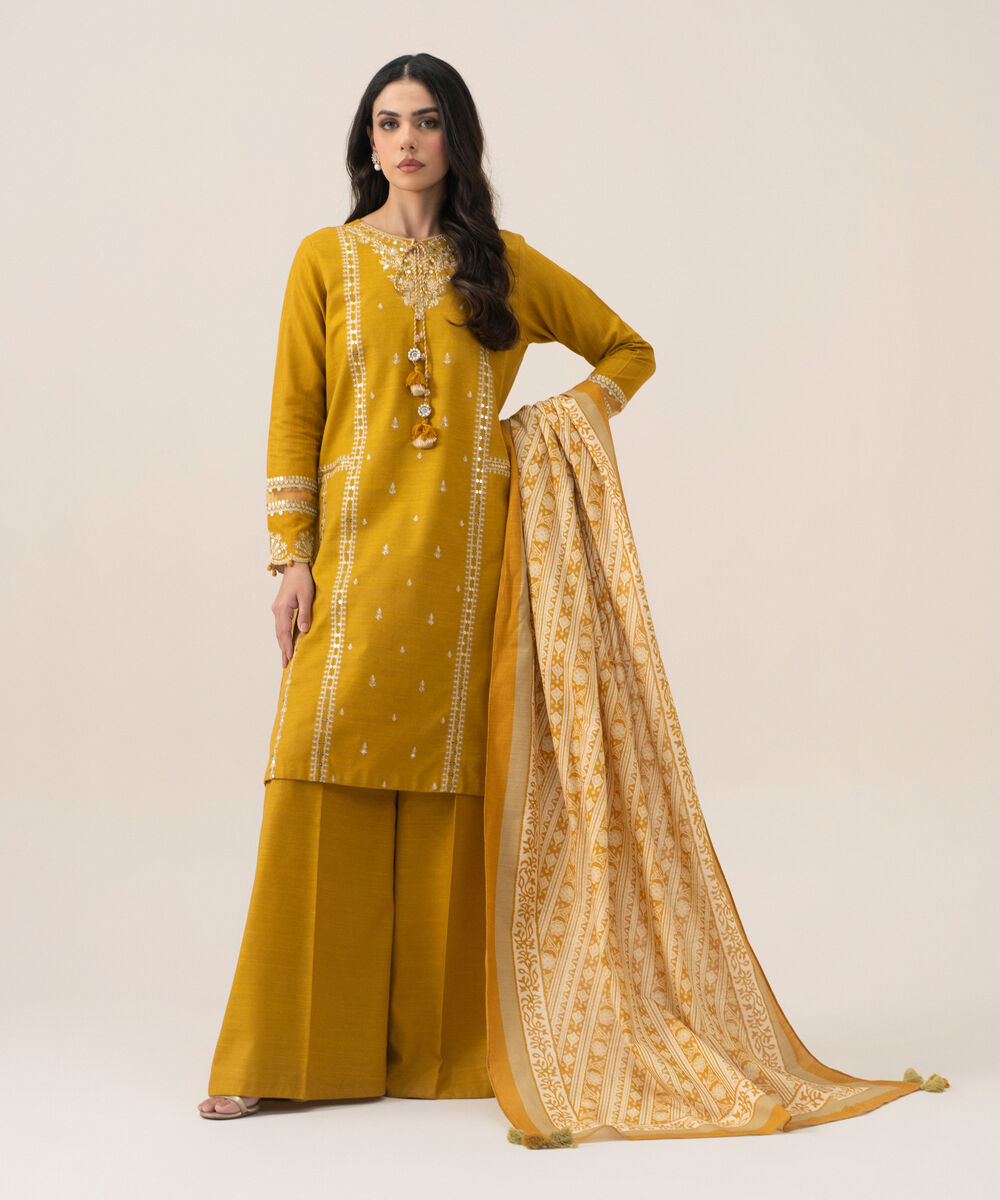 Women's Unstitched Basic Khaddar Embroidered Yellow 3 Piece Suit