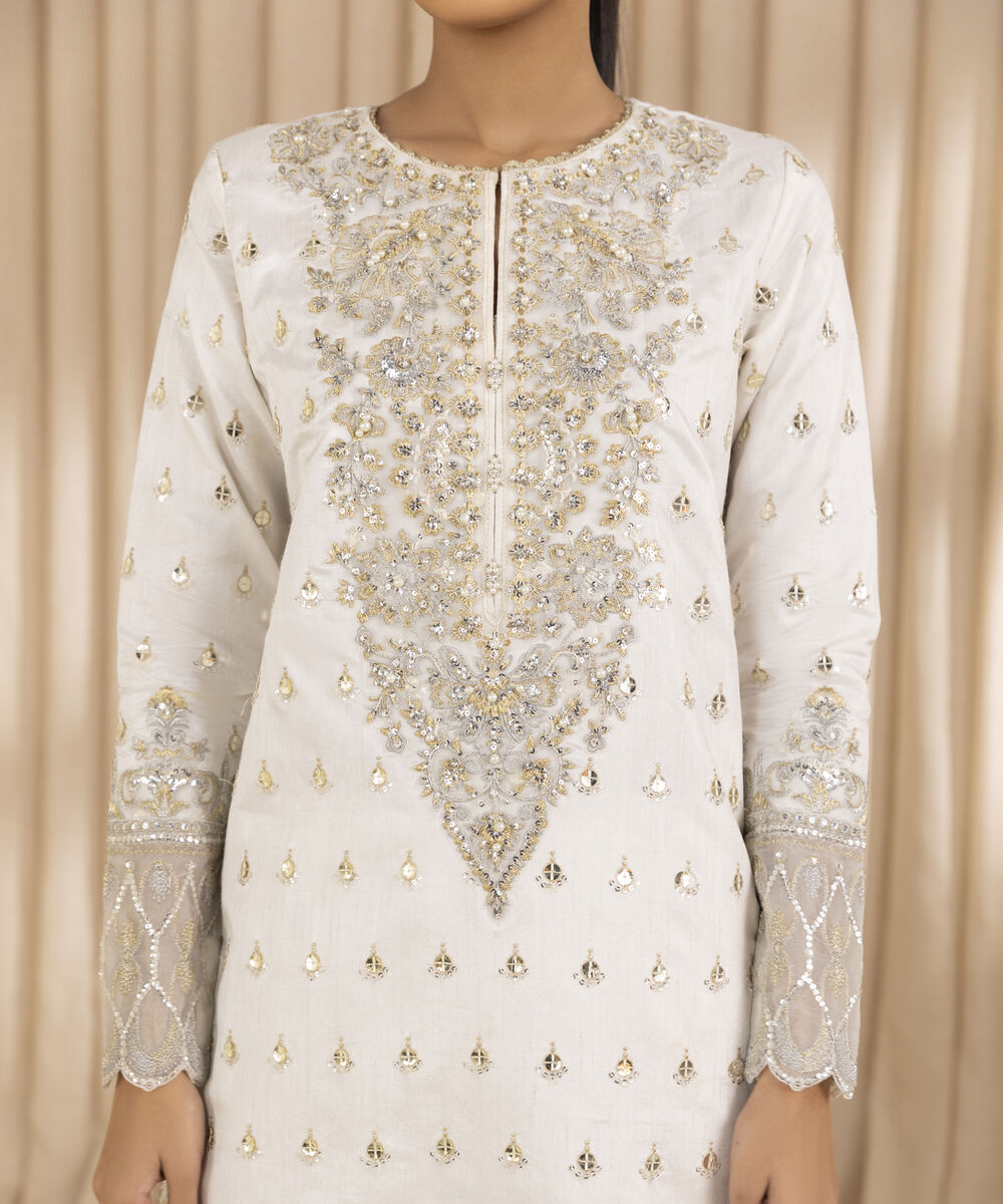 Unstitched Women's Off White Raw Silk 3 Piece Suit