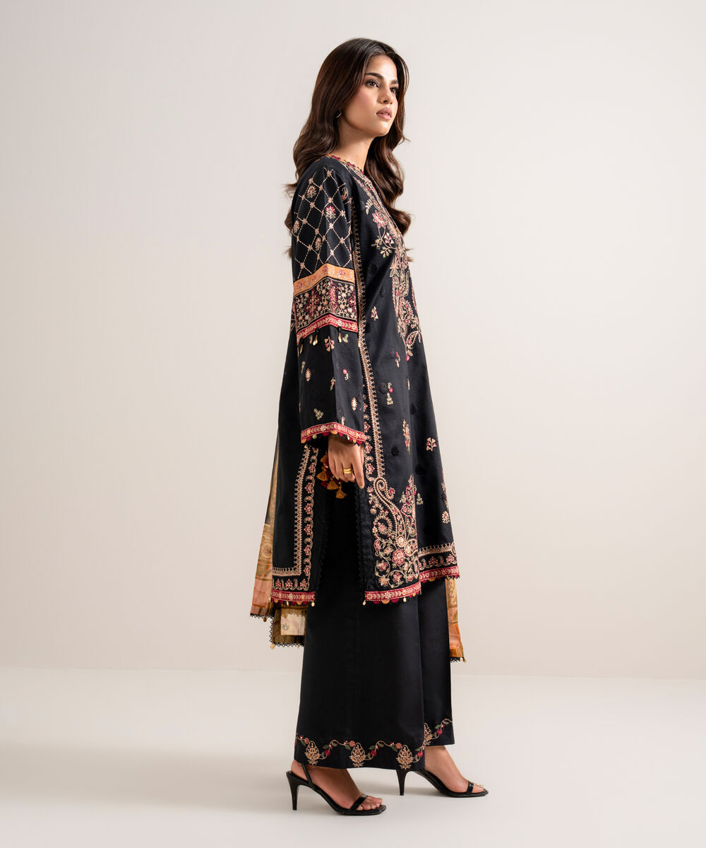 Women's Unstitched Embroidered Fine Cotton Satin Black 3 Piece Suit