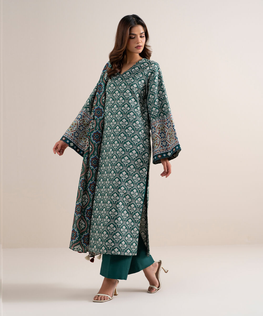 Women's Unstitched Lawn Printed Green 3 Piece Suit