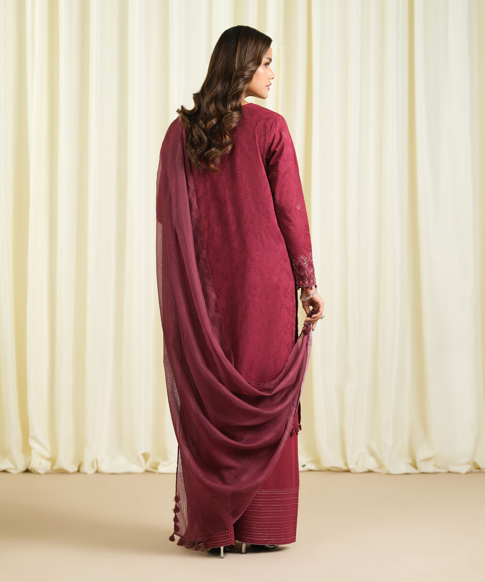 Women's Unstitched Cotton Jacquard Embroidered Pink 3 Piece Suit