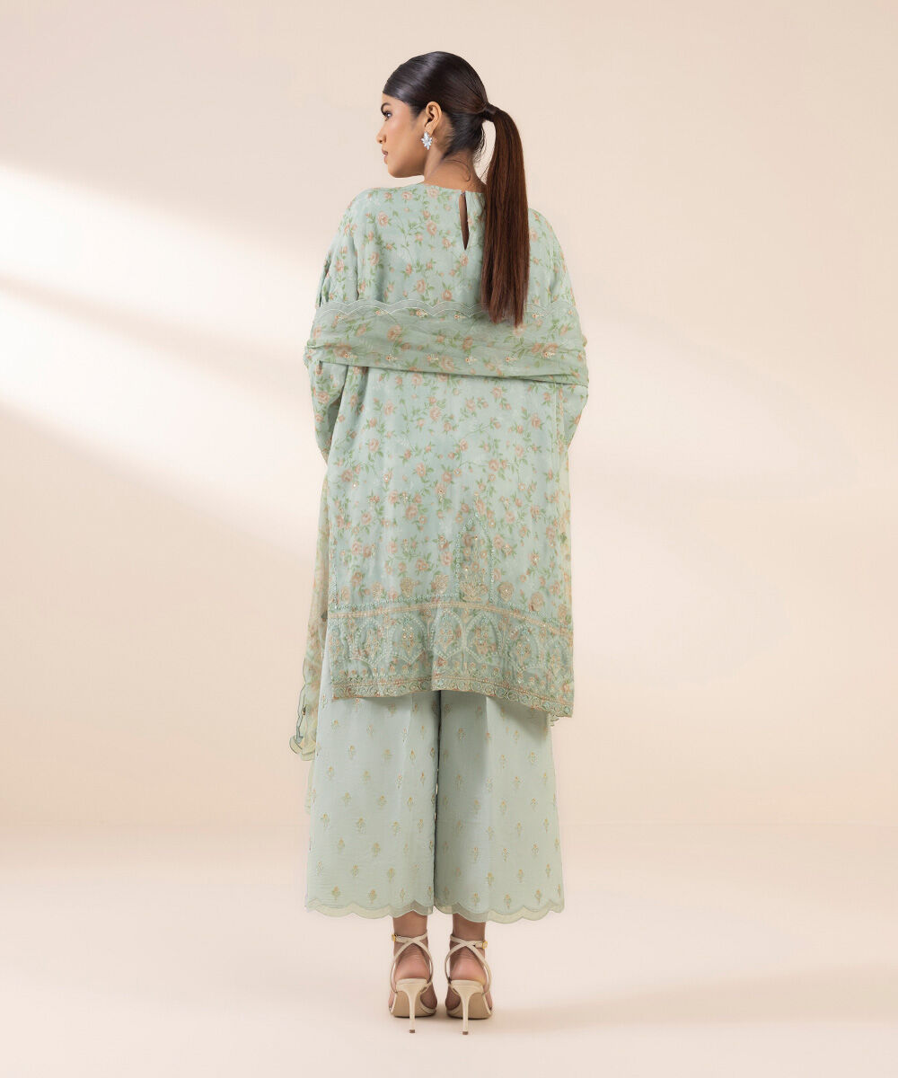Unstitched Women's Embroidered Viscose Chiffon Green Three Piece Suit