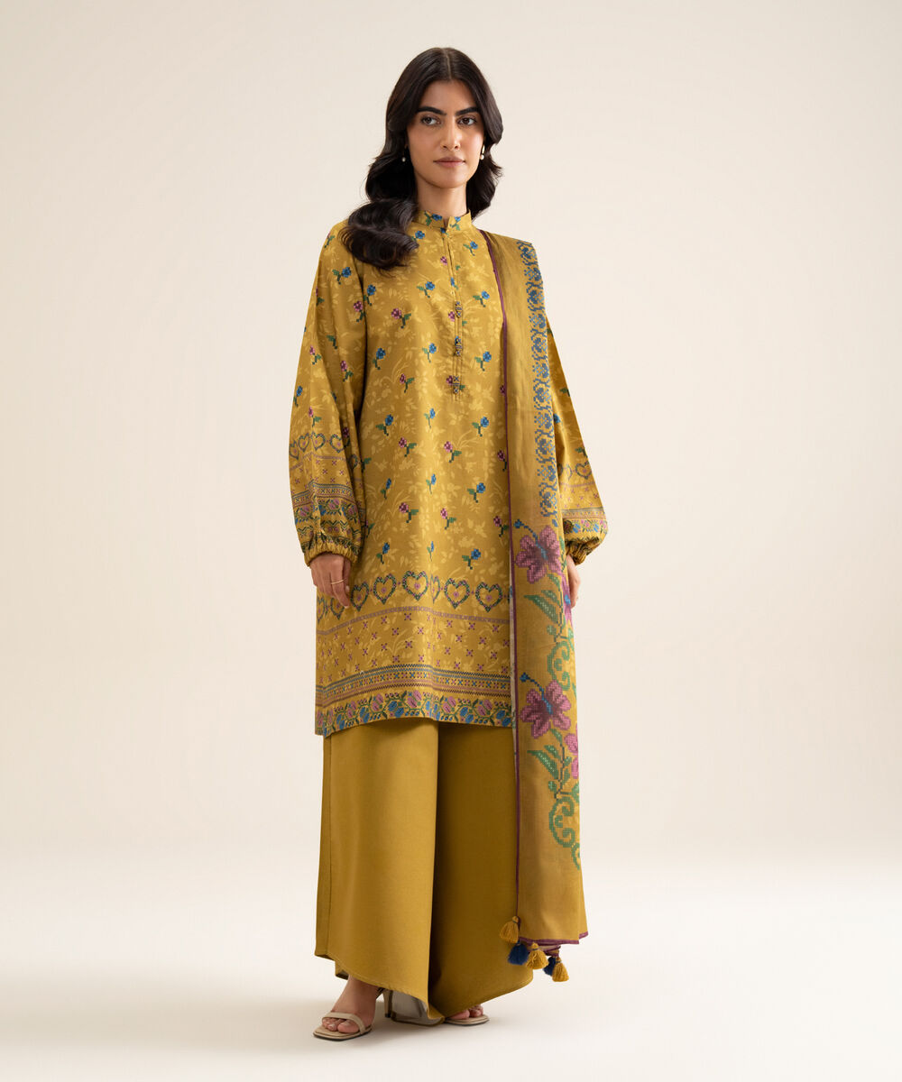 Women's Unstitched Cotton Printed Mustard 3 Piece Suit