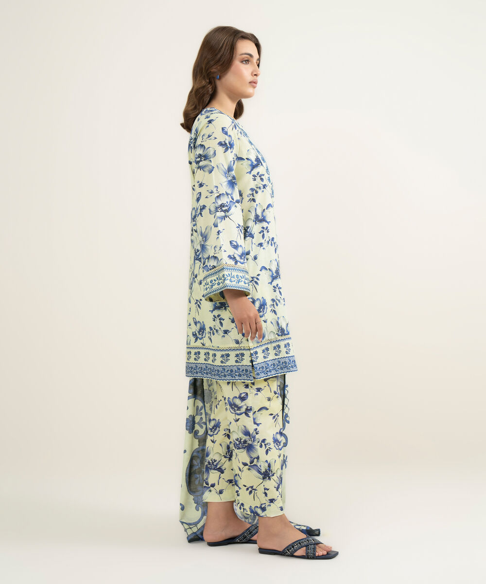 Women's RTW Slub Lawn Embroidered Beige 3 Piece Suit