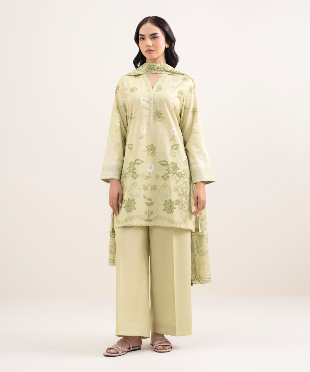 Women's Unstitched Lawn Printed Beige 3 Piece Suit