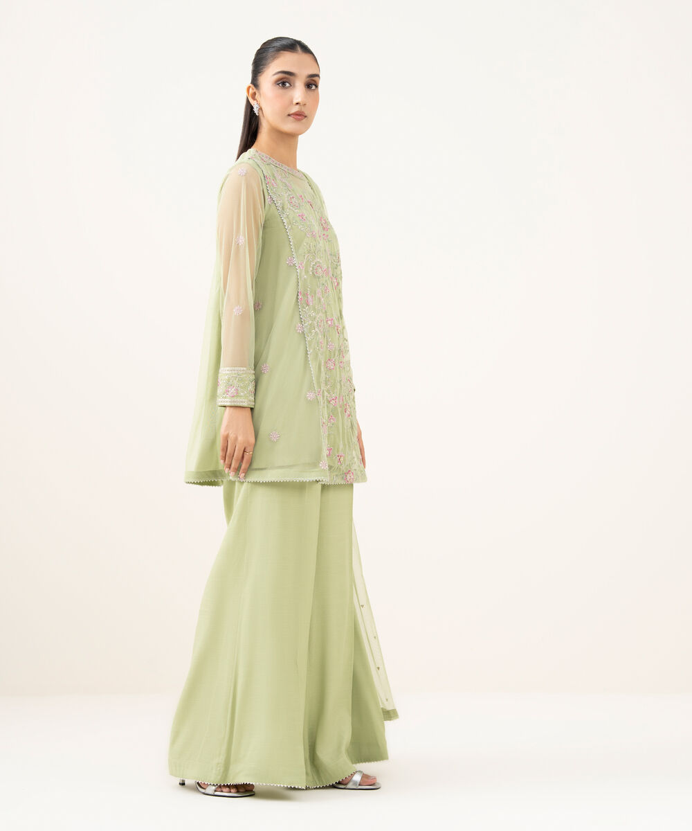 Women's RTW Blended Net Green Dyed Three Piece