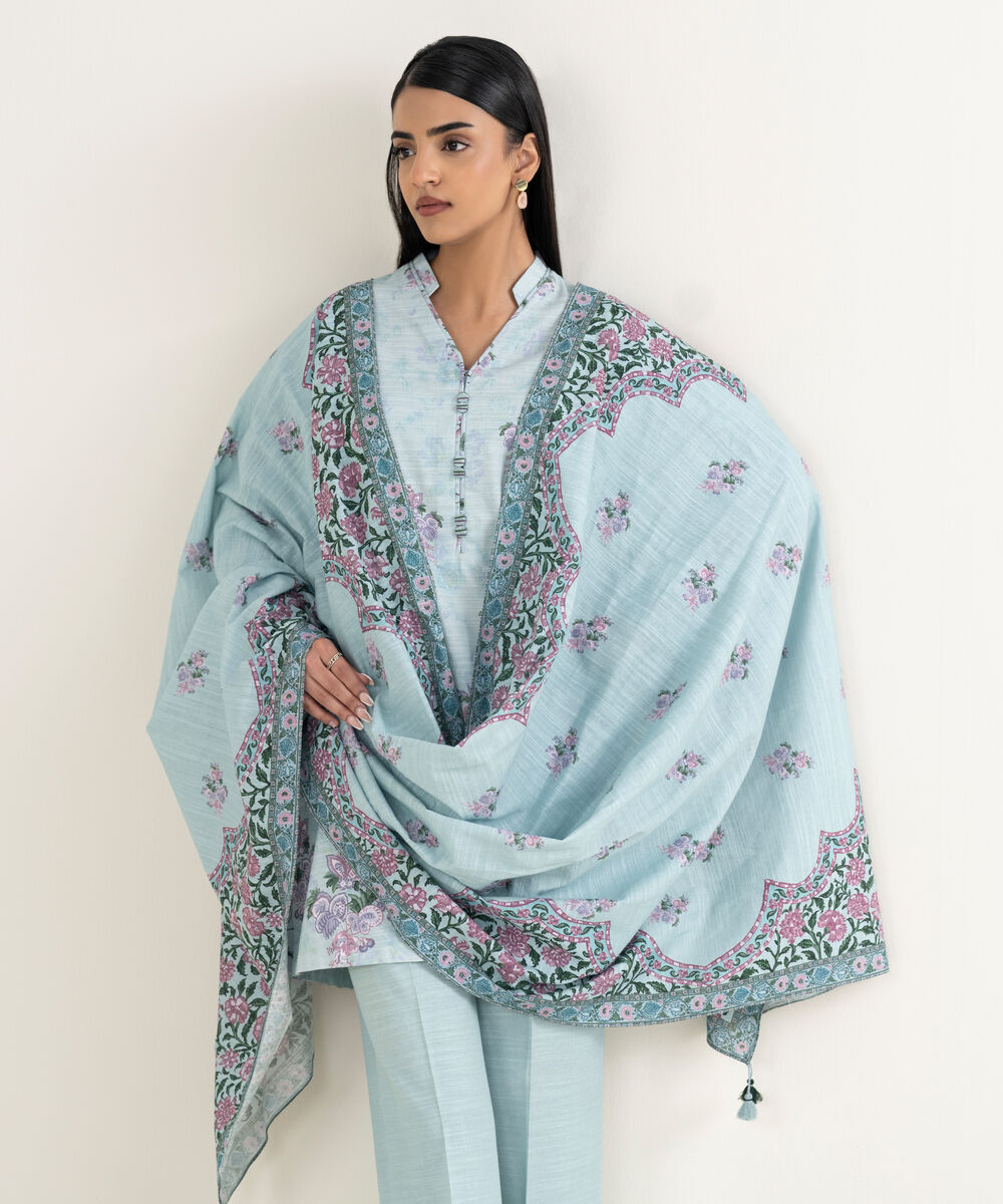Women's Unstitched Printed Khaddar Light Aqua 3 Piece Suit