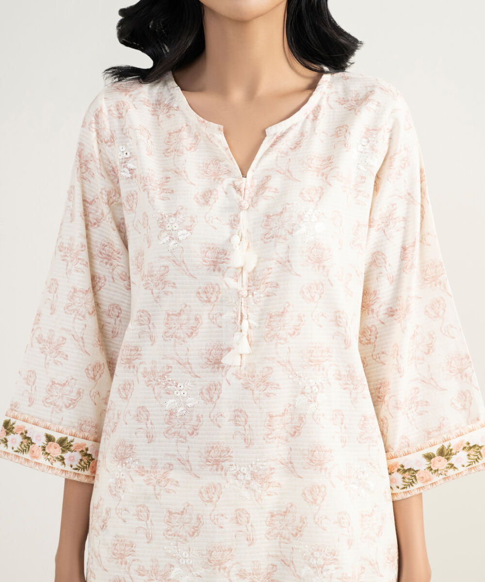 Women's RTW Dobby Embroidered Off White Straight Shirt