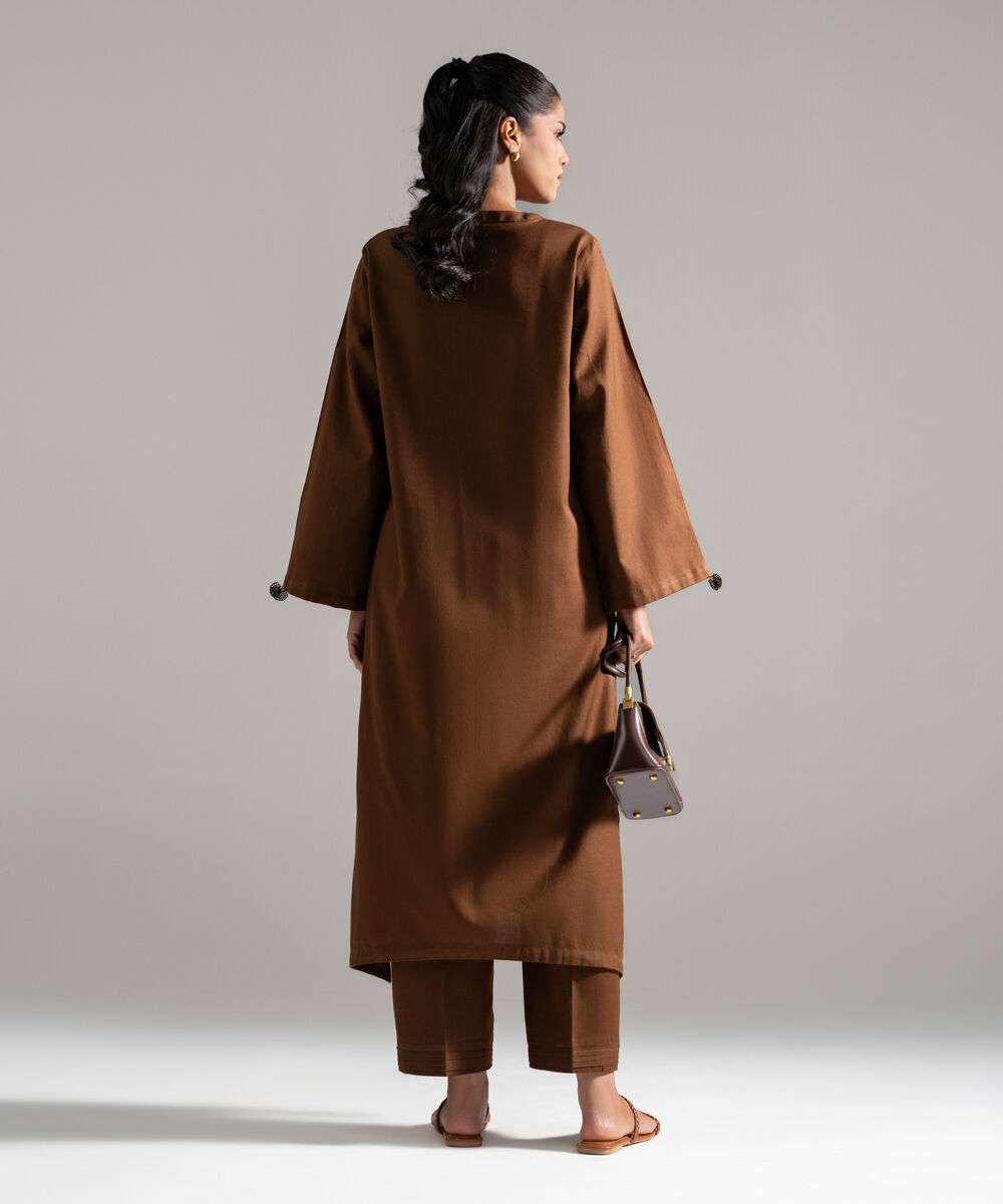 Women's RTW Cotton Linen Solid Brown 2 Piece Suit