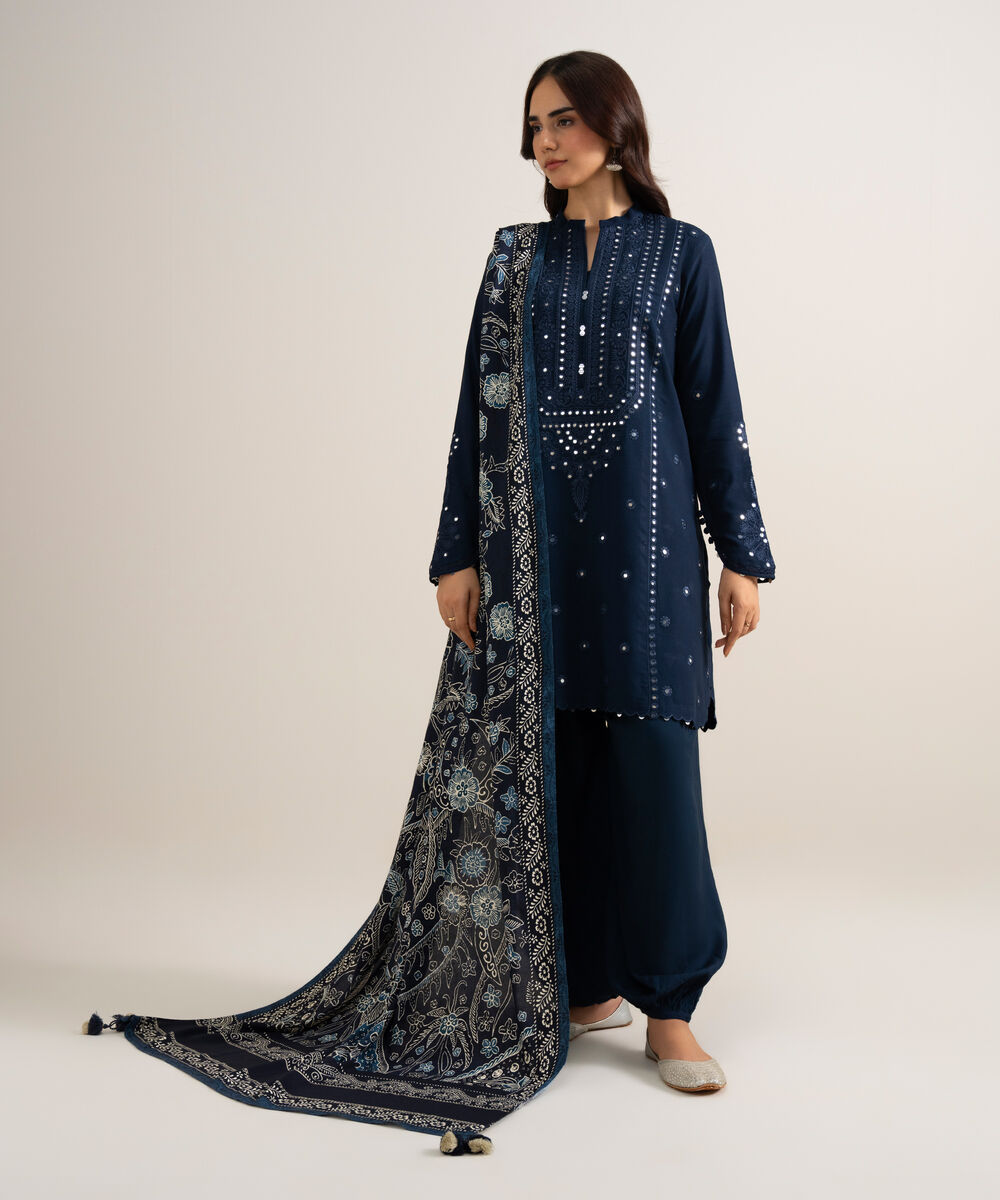 Women's Unstitched Embroidered Linen Blue 3 Piece Suit