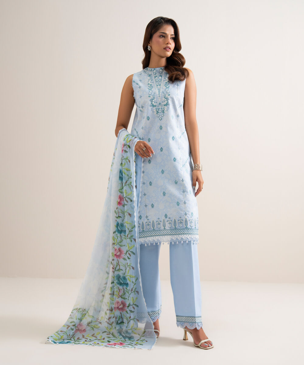 Women's Unstitched Zari Cotton Embroidered Blue 3 Piece Suit
