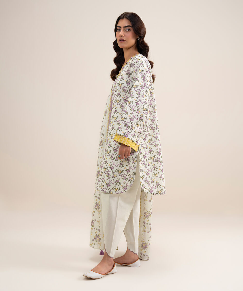 Women's Unstitched Lawn Printed Off White 3 Piece Suit