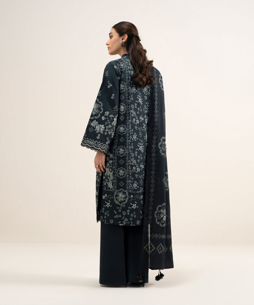 Women's Unstitched Lawn Embroidered Black and Grey 3 Piece Suit