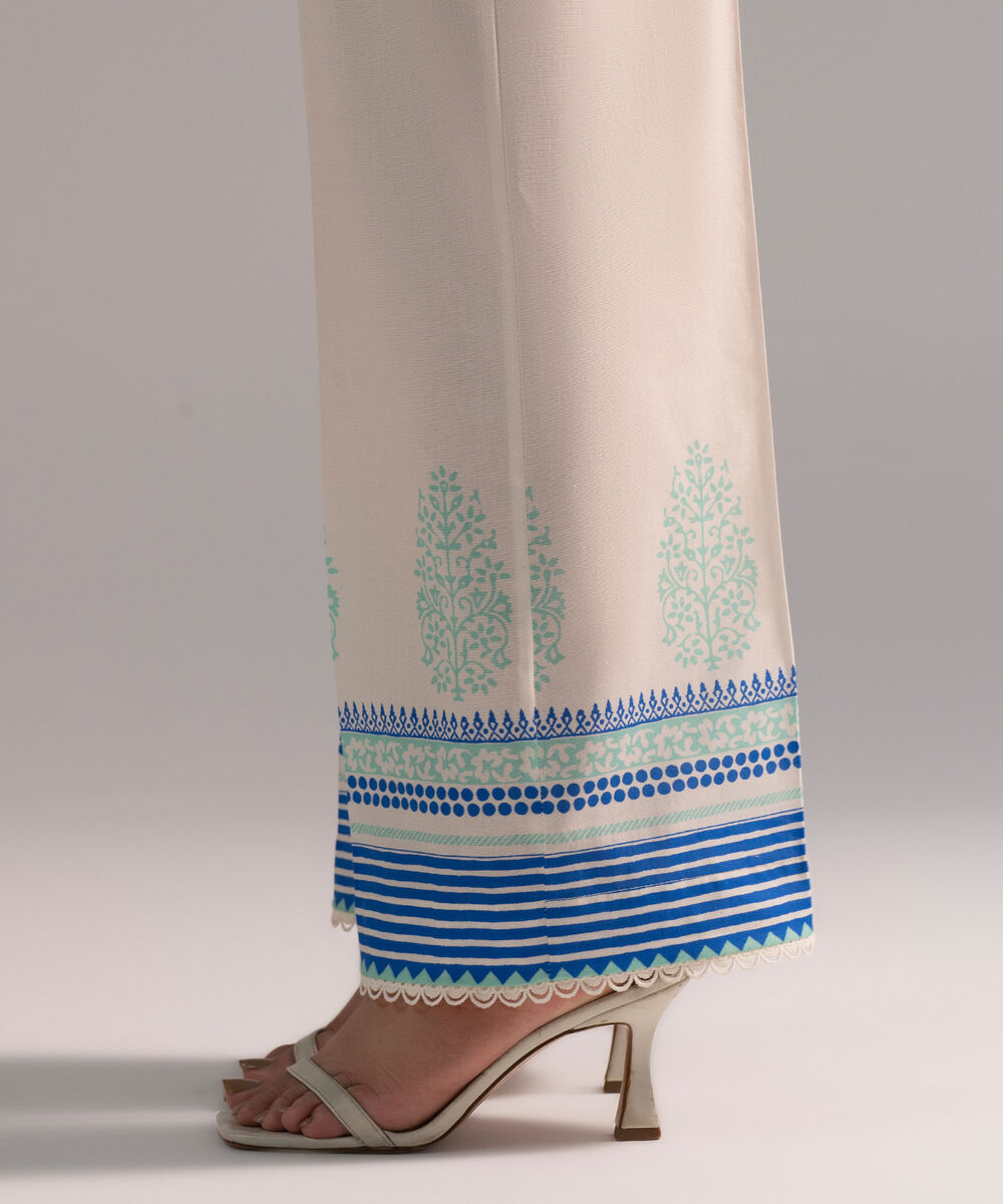 Women's RTW Cambric Printed Off White Straight Pants