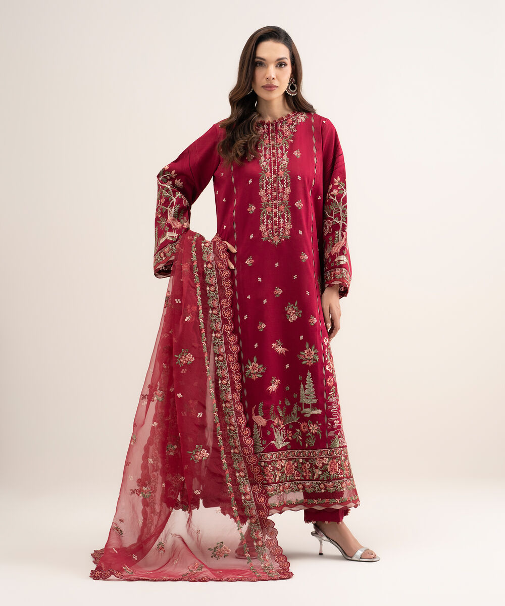 Women's Unstitched Fine Cotton Satin Embroidered Red  3 Piece Suit