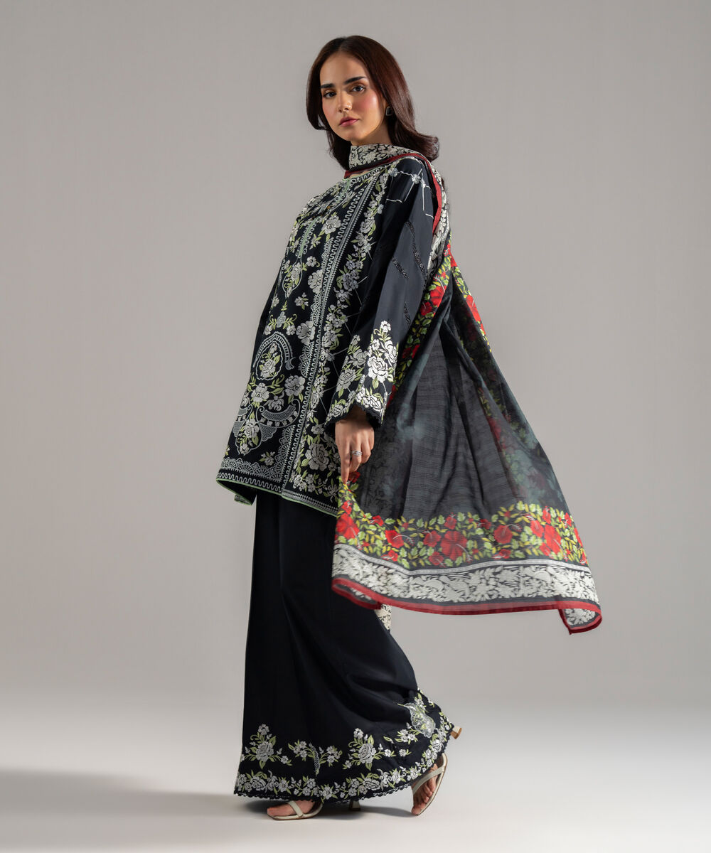 Women's RTW Cambric Solid Embroidered Black 3 Piece Suit