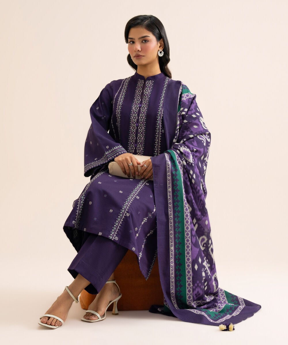 Women's Unstitched Light Khaddar Embroidered Purple 3 Piece Suit