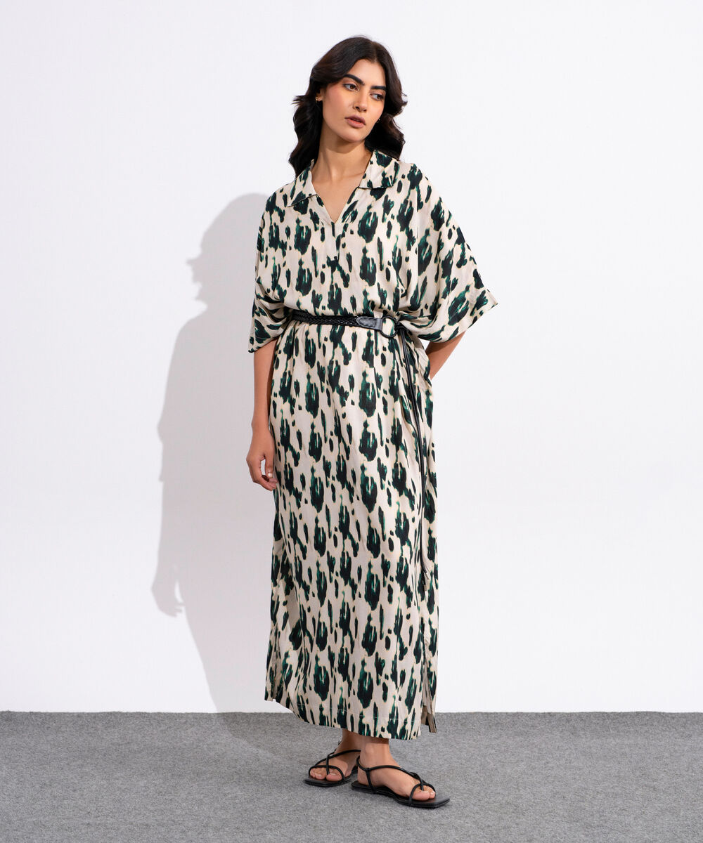 Women's Multicoloured Printed Kimono Dress With Leather Belt