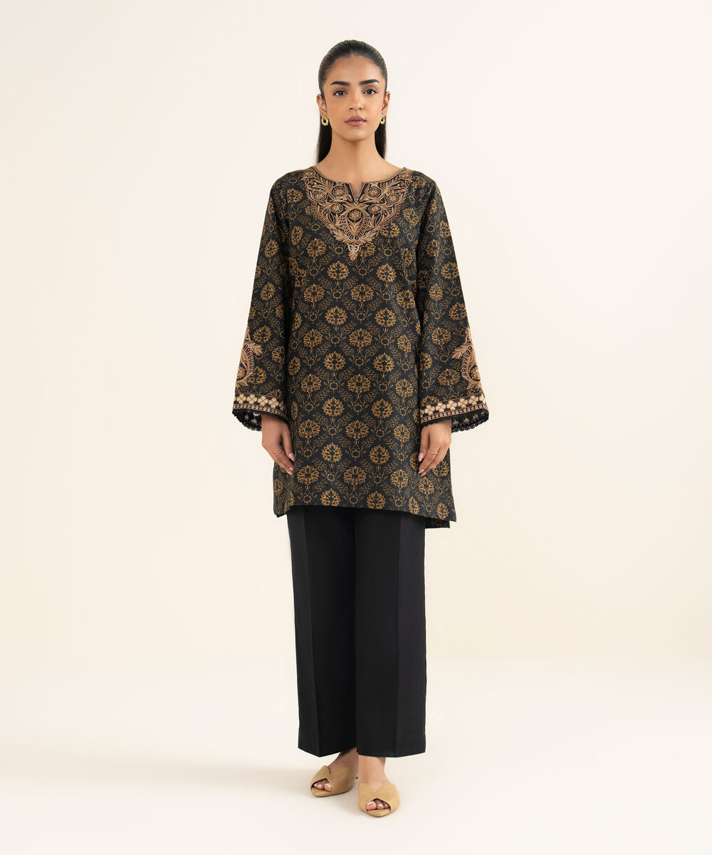 Women's RTW Cotton Embroidered Black A-Line Shirt