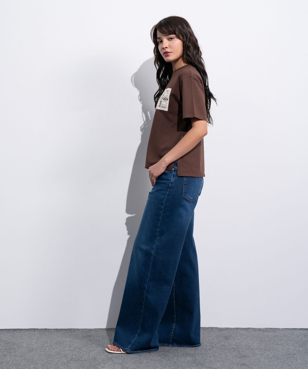 Women's Western Brown T-Shirt With Crochet Patch