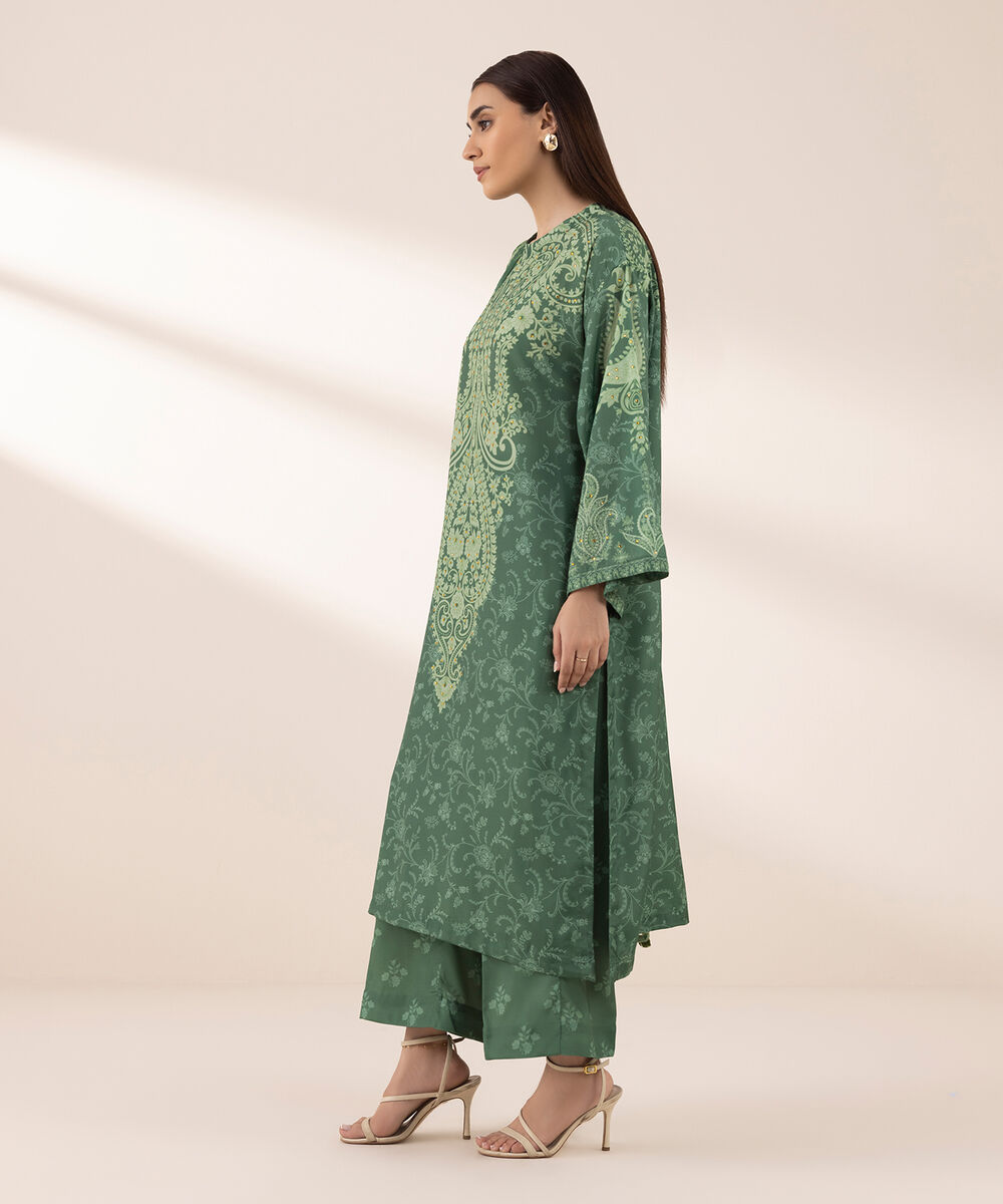 Women's RTW Blended Grip Green Printed Three Piece Suit