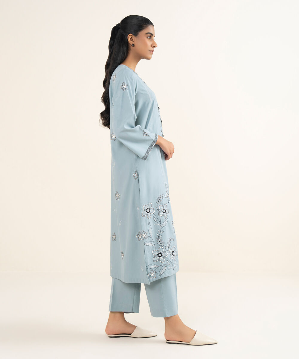 Women's RTW Self Jacquard Leno Embroidered Blue A-Line Shirt