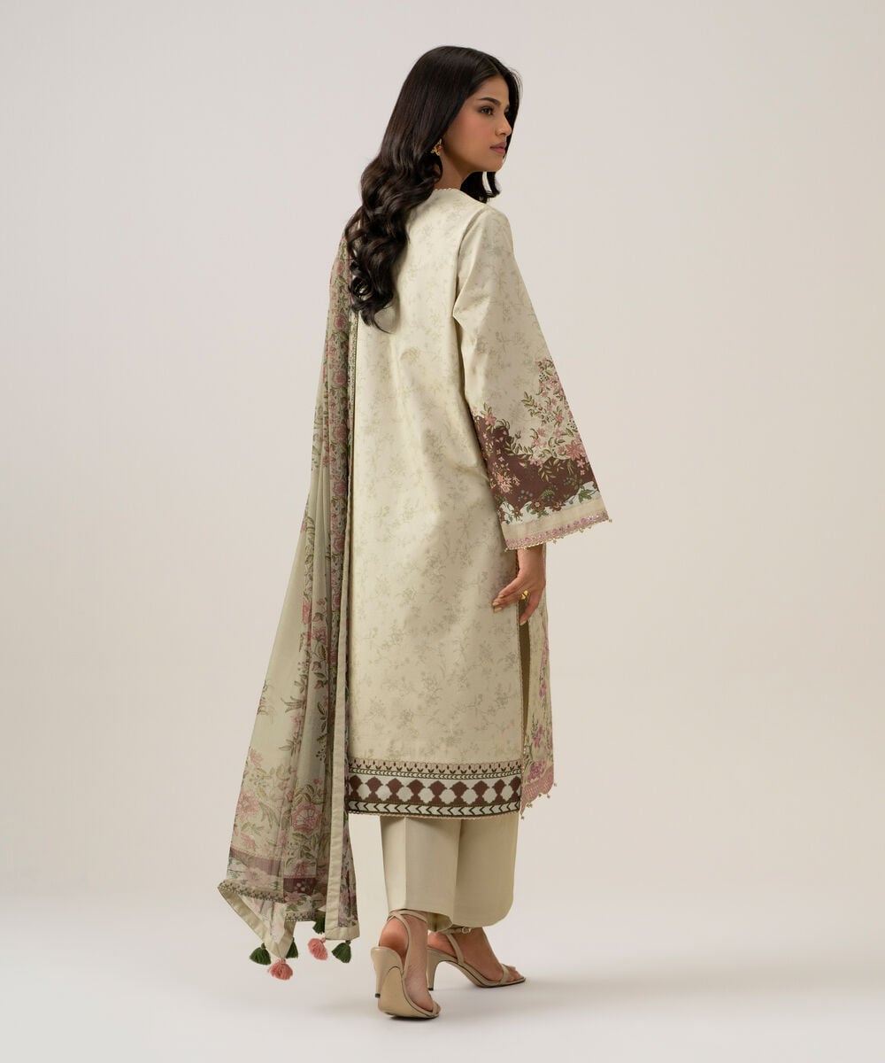 Women's Unstitched Blended Chiffon Embroidered Beige 3 Piece Suit