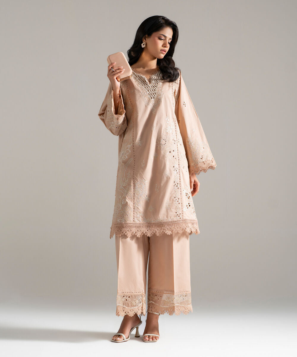 Women's RTW Lawn Embroidered Beige 2 Piece Suit