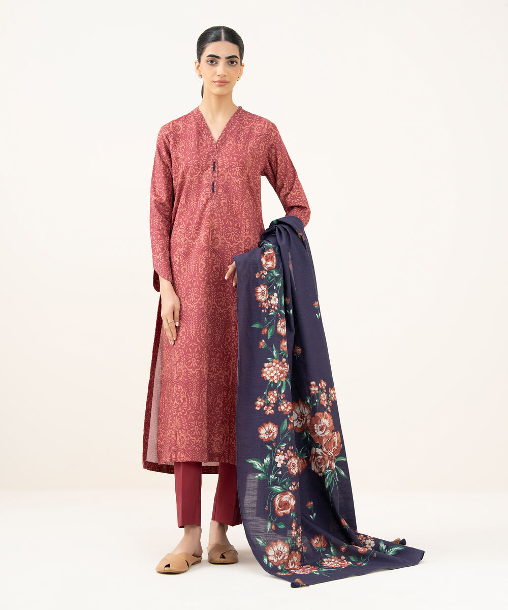 Women's Unstitched Printed Dobby Red 3 Piece Suit