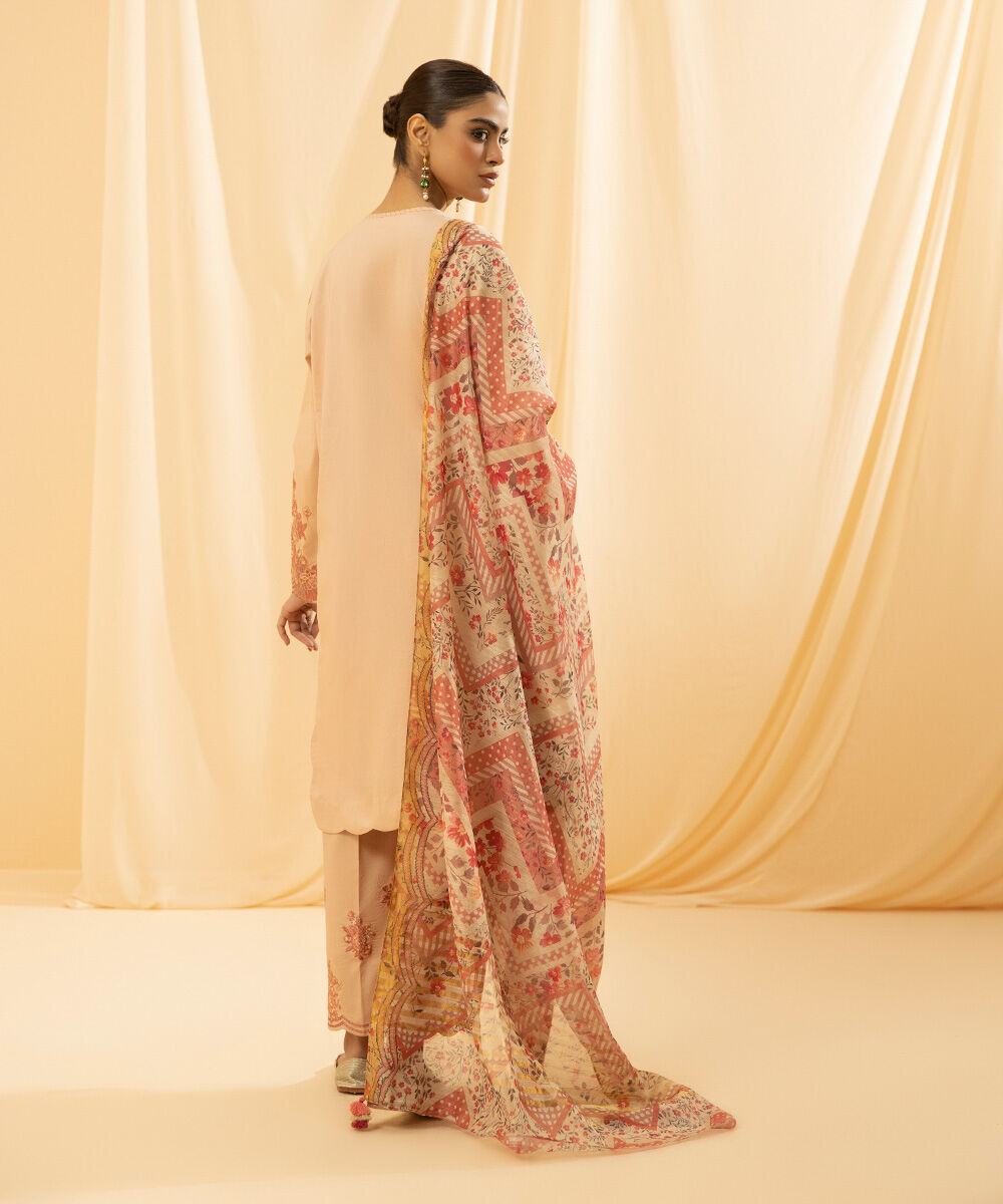 Women's Unstitched Raw Silk  Embroidered Light Beige 3 Piece Suit