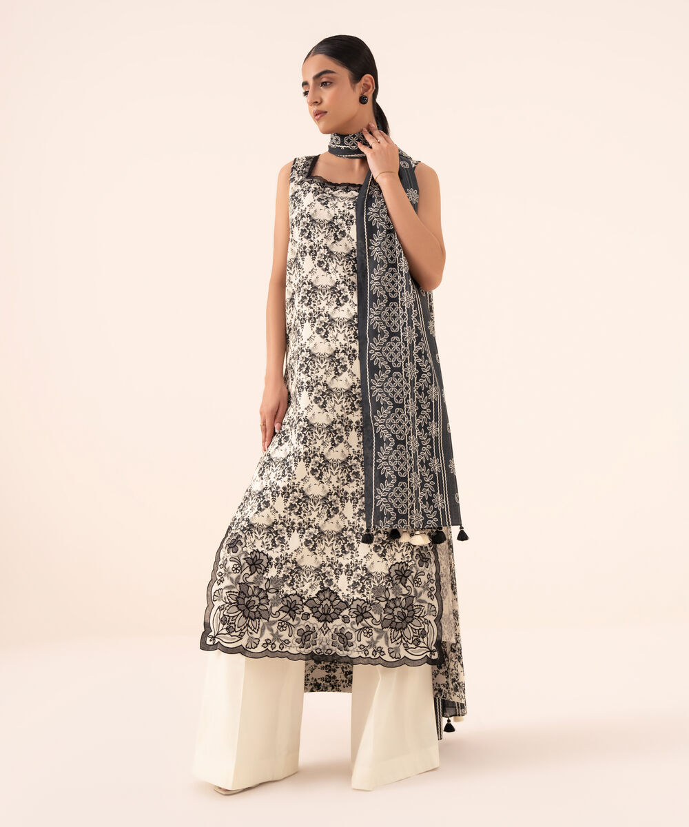 Women's Unstitched Cotton Embroidered Black 3 Piece Suit