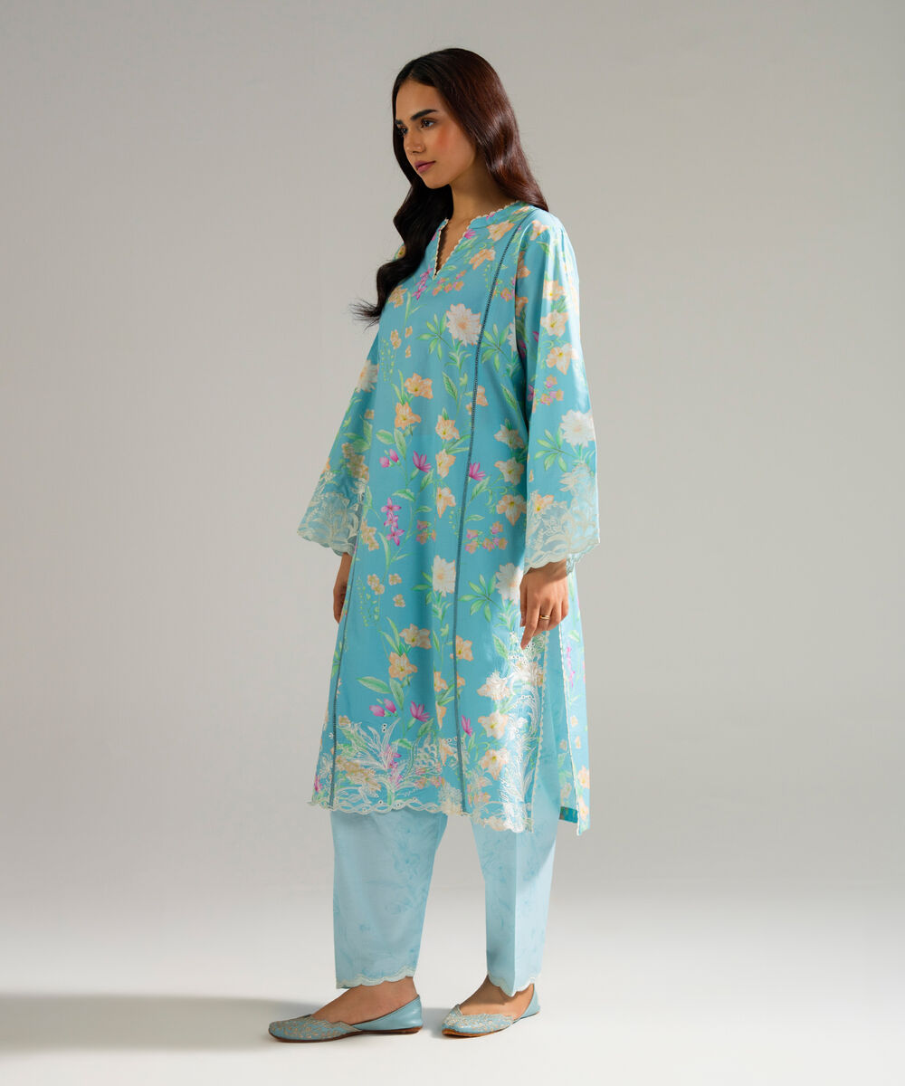 Women's RTW Lawn Embroidered Blue Straight Shirt