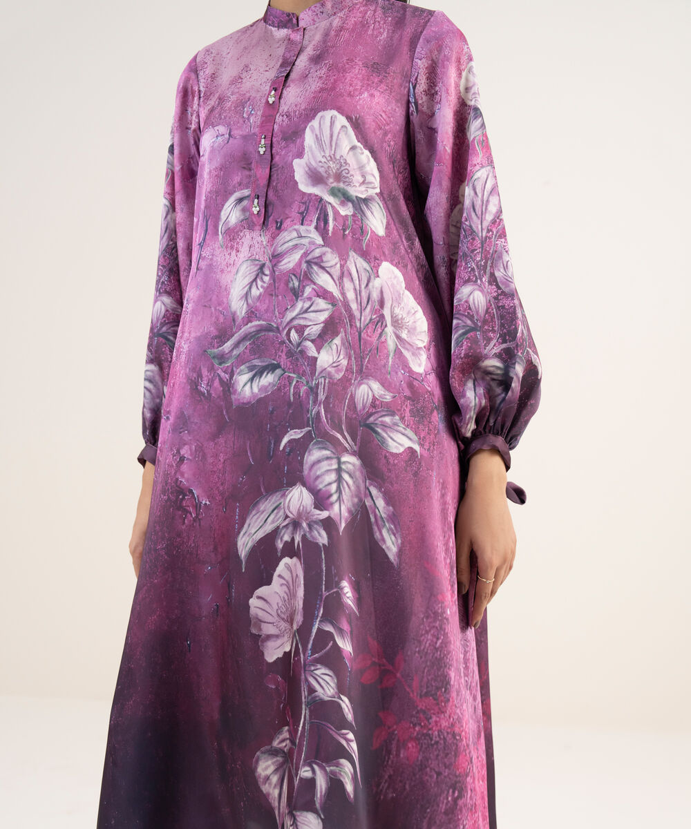 Women's RTW Blended Satin Purple Printed 2 Piece Suit