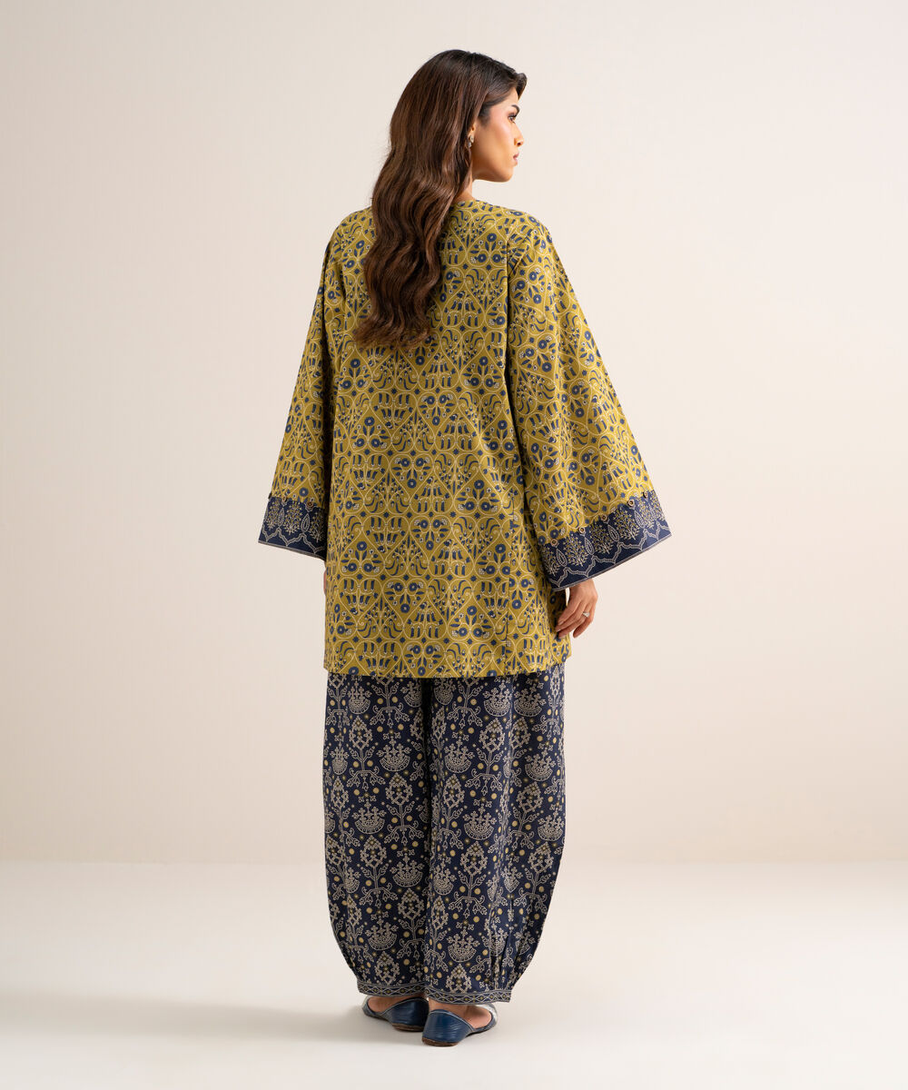 Women's Unstitched Cotton Printed Mustard 2 Piece Suit