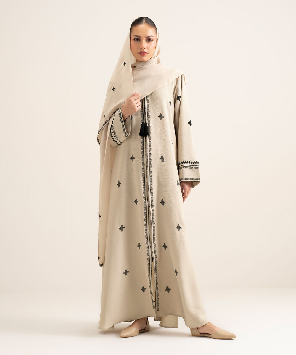 Women's Beige Crinkle Abbaya Set