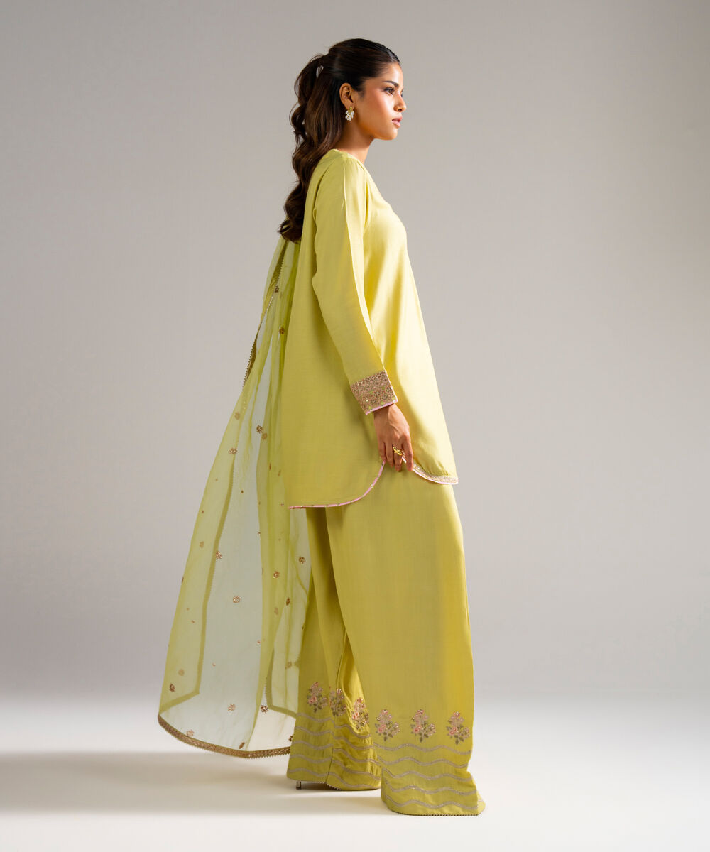 Women's RTW Raw Silk Embroidered Pale Green 3 Piece Suit