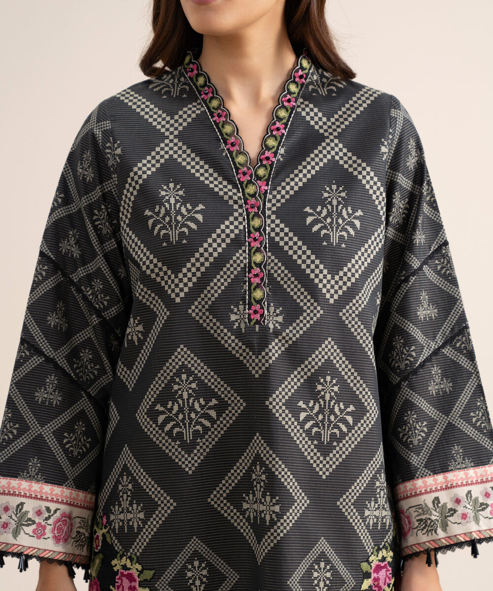Women's Unstitched Zari Cotton Embroidered Black 3 Piece Suit