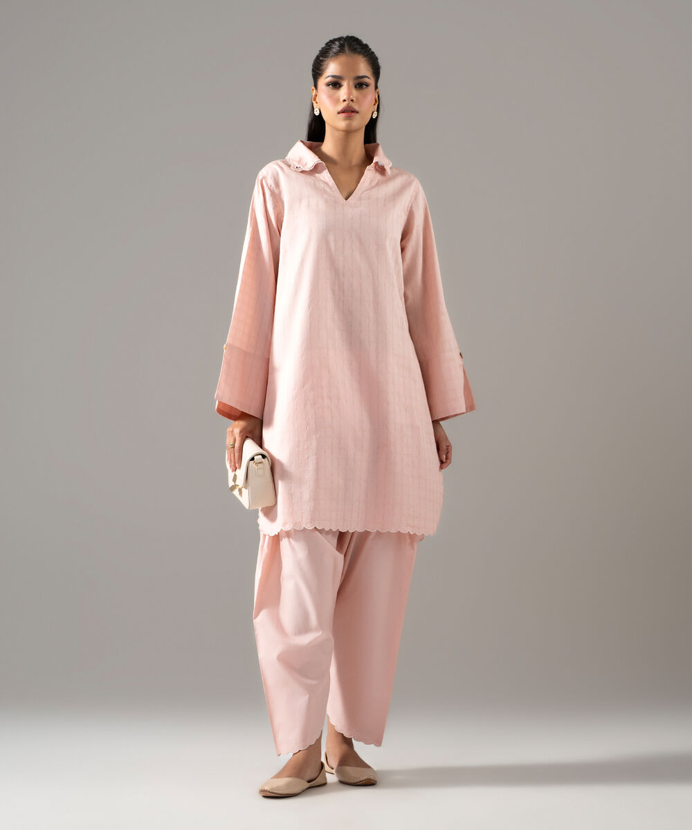 Women's RTW 3D Dobby Solid Powder Pink Straight Shirt
