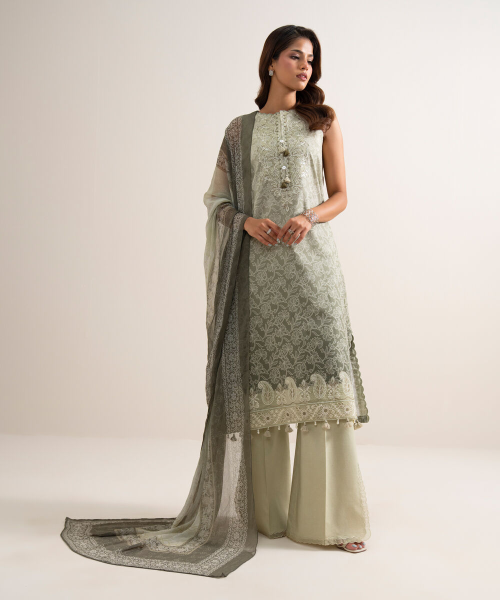 Women's Unstitched Lawn Embroidered Green 3 Piece Suit