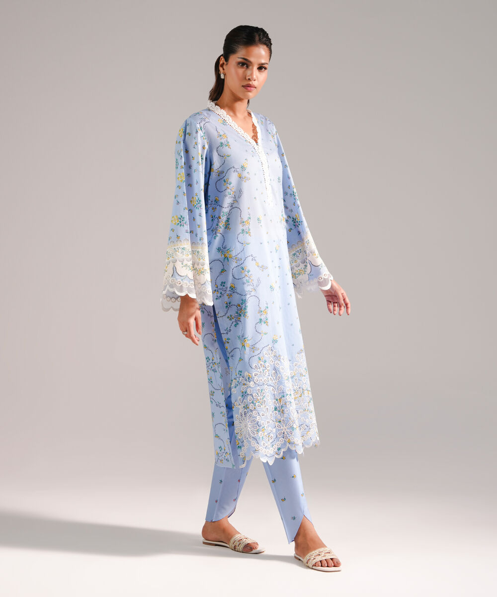 Women's RTW Lawn Embroidered Ice Blue A-Line Shirt