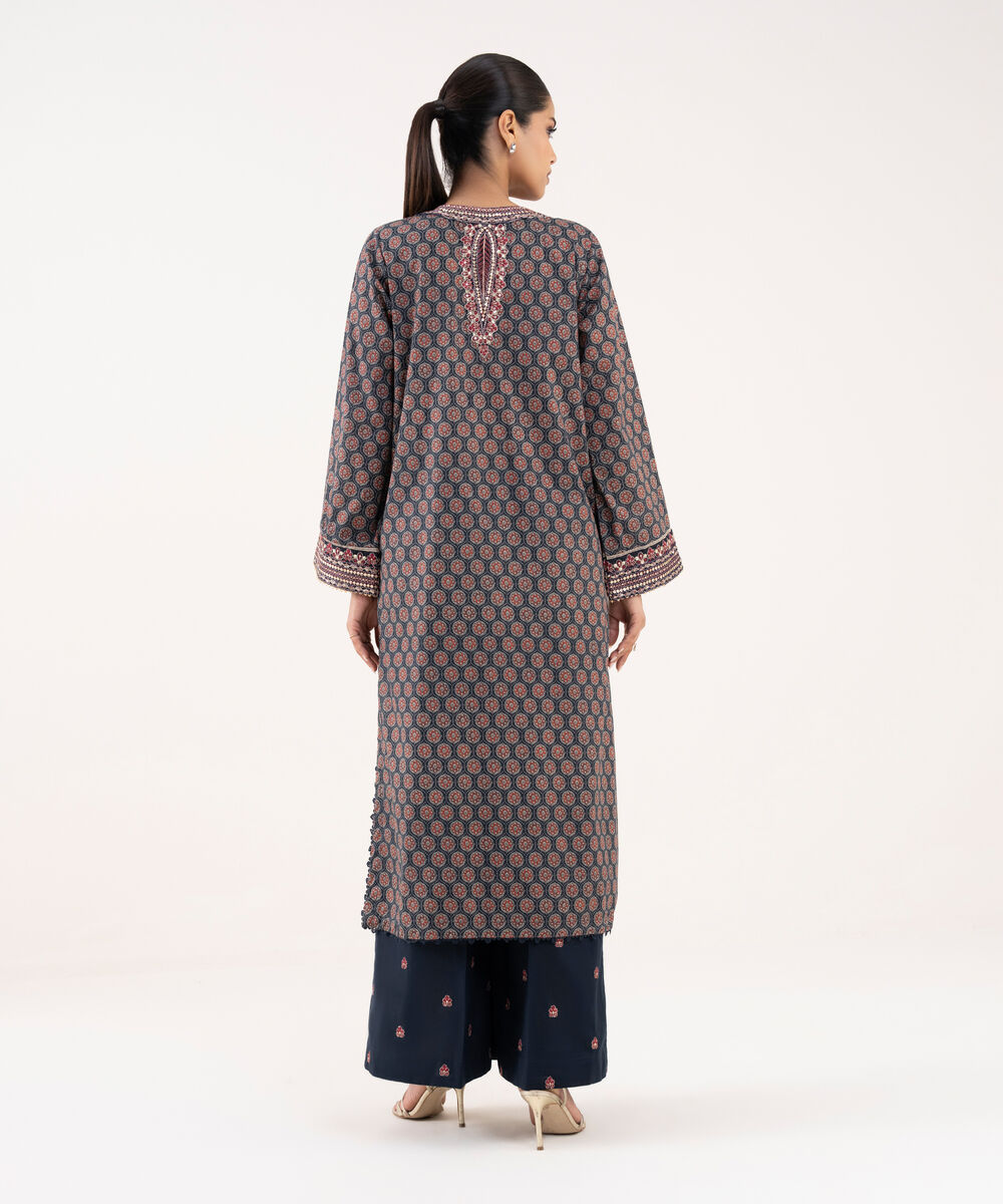 Women's RTW Textured Lawn Blue Embroidered A-Line Shirt