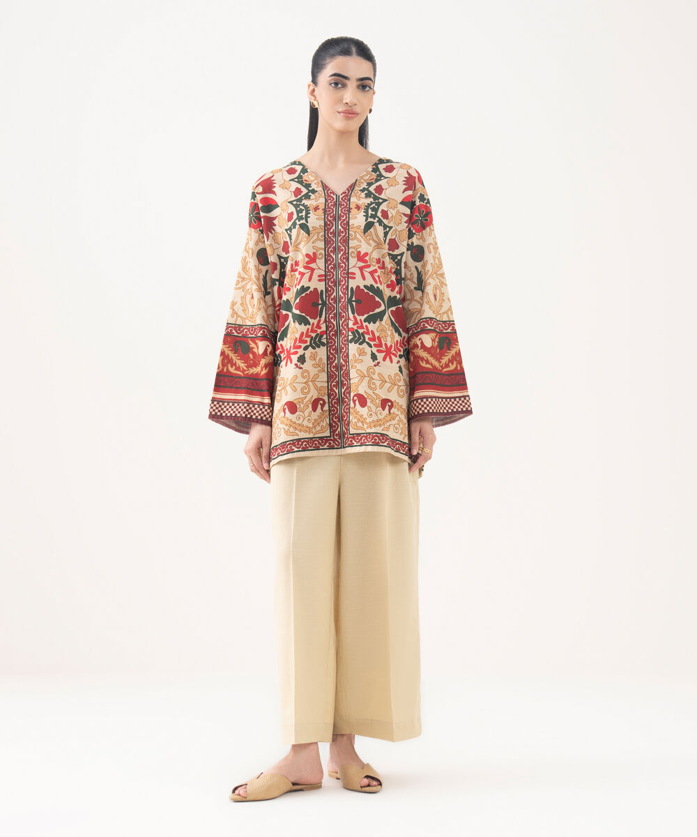 Women's RTW Light Khaddar Printed Beige Boxy Shirt