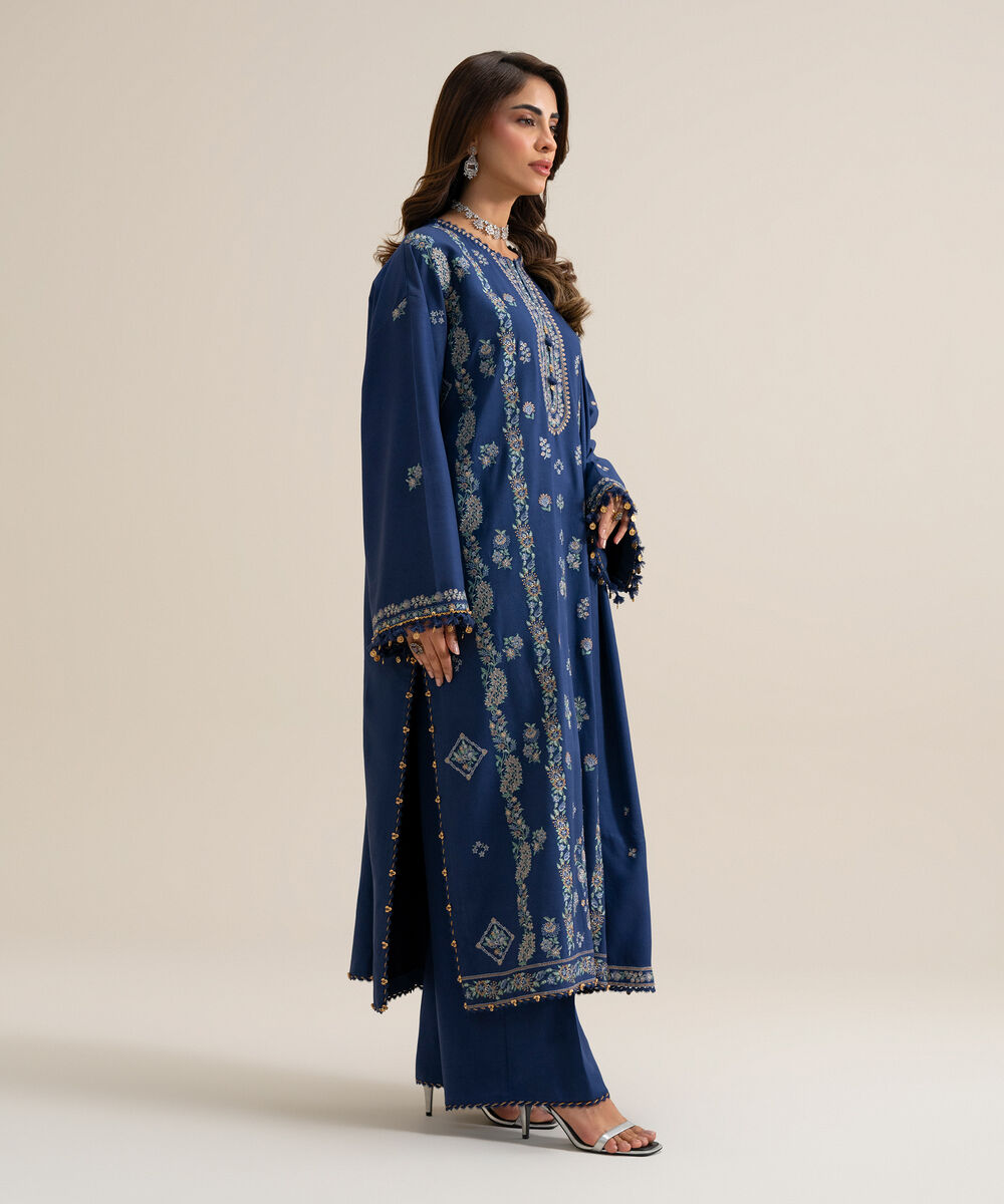 Womens Unstitched Cotton Twill Embroidered Dark Blue 3 Piece Suit
