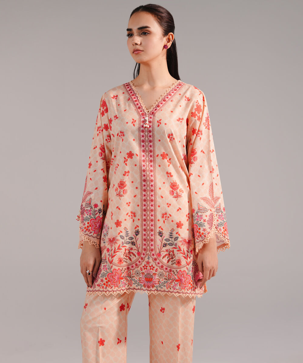 Women's RTW Lawn Printed Peach 2 Piece Suit